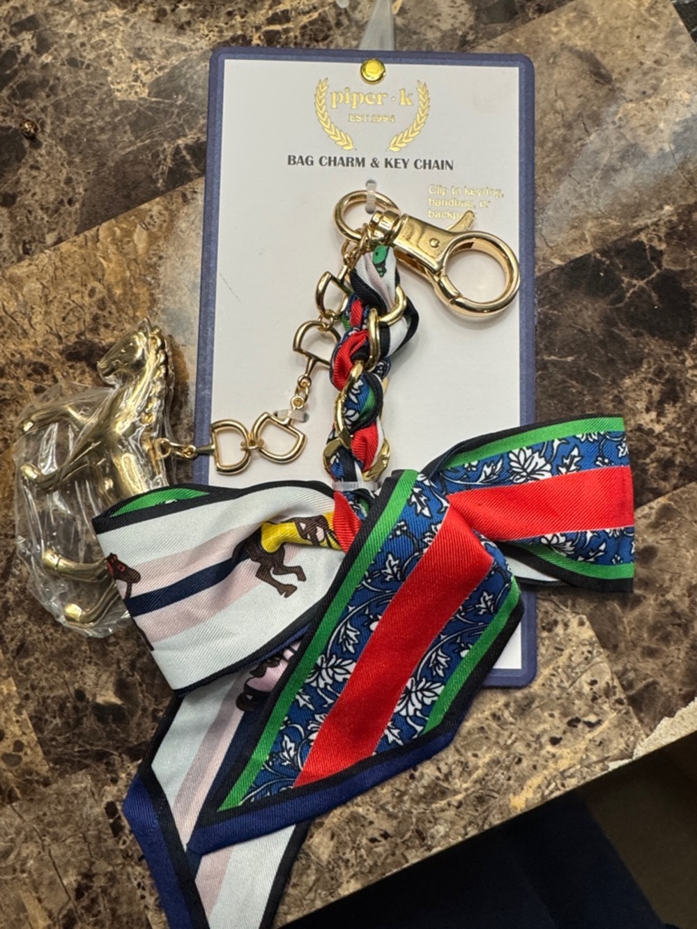 piper-k Gold Horse Charm Scarf Keychain - Red, Green, Navy